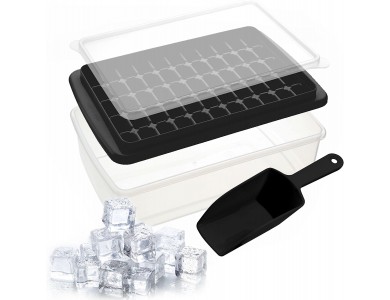 AJ Ice Cube Tray With Lid & Bin, 55 Ice Cube Trays, with Lid and Tong, Black