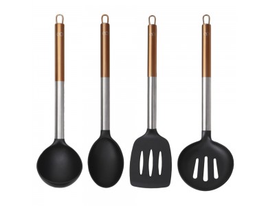Bergner Infinity Chefs Kitchen Tool Silicone Set, Εργαλεία Μαγειρικής από Σιλικόνη, με Κουτάλες με Χάλκινη Λαβή, Σετ των 4τμχ