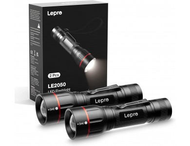 LE Professional LED LE2050 Flashlight, 300 Lumens, Αδιάβροχος IPX4 με Λειτουργία Focus, Μαύρος, Σετ των 2