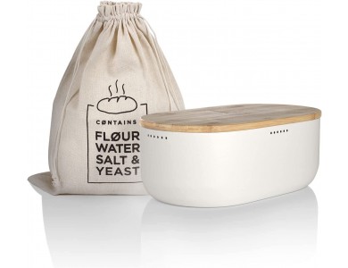 Lars Nysom Aegte Bread Box incl. Bread Bag, Breadboard with Bamboo Cutting Surface & Bag, White