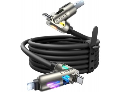 Lisen 4-in-1 Lightning / Type-C / USB-A Καλώδιο 2μ. 240W με RGB, Black