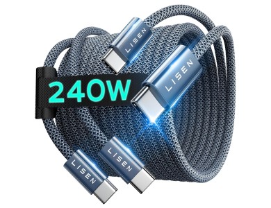 Lisen Σετ 2 Καλώδια USB-C σε USB-C, 240W, PD 3.0, 2*2μ με Νάυλον Ύφανση, Midnight Black