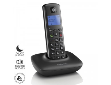 Motorola T401+ Ασύρματο Τηλέφωνο, με Φραγή Αριθμών, Aνοιχτή Aκρόαση, Λειτουργία DND & Τηλεφωνικό Κατάλογο 50 Ονομάτων, Black