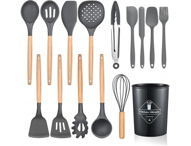 AJ Kitchen Utensil Set, 14pcs Silicone Cooking Utensil Set, Non-Stick with Stainless Handle, Gray