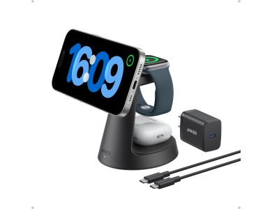 Anker MagGo 3-in-1 MagSafe Qi2 15W Ασύρματος Μαγνητικός Φορτιστής iPhone, Apple Watch, AirPods, Σετ με Φορτιστή Πρίζας, Black