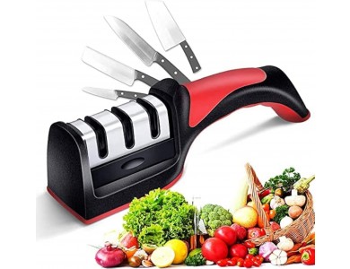 AJ 3-in-1 Kitchen Knife Sharpener, Ακονιστήρι Mαχαιριών Χειρός με 3 Επίπεδα Ακονίσματος, Black/Red