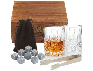 Forneed Whiskey Glasses & Stones Gift Set - Whiskey Gift Set, with 2 Glasses, Tweezers, Stones and Wooden Case
