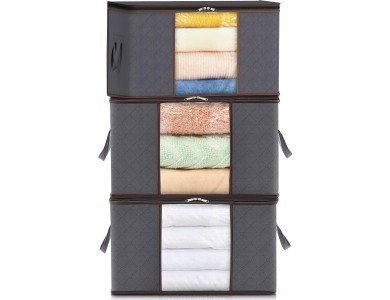AJ Clothes Storage Organizer Bags 75L, Κουτιά Αποθήκευσης Ρούχων με 2 Ανοίγματα & Παράθυρο, Σετ των 3τμχ, 58x39x33cm, Dark Grey