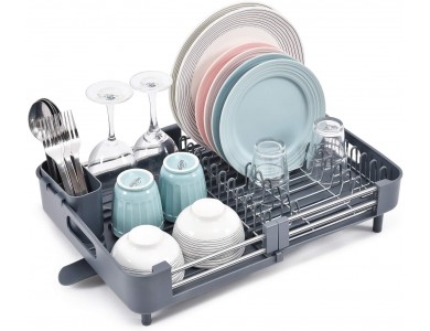 AJ Extendable Dish Rack, Extendable Sink Drainer with Cutlery Tray 32-49 x 34 x 11cm, Dark Grey