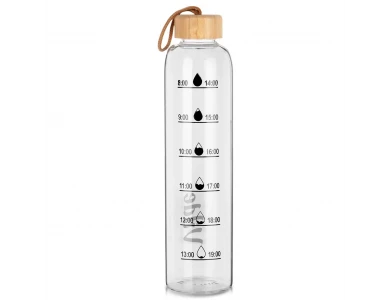 Vilde Water Bottle Glass 1L, Γυάλινο Μπουκάλι με Δείκτη Χρόνου με Καπάκι από Μπαμπού & Αεροστεγές Κλείσιμο