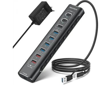 Nordic 10-Port Data Hub & Charger with USB-C3.2 *2 + USBA3.2 + USB-A3.0*4 + USB-A*2 +USB-C PD, with Individual Switch & Power Adapter