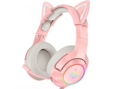 Onikuma K9 Pink Kitty Quartz RGB Gaming Headset 7.1 with USB Cable & Noise-cancelling Microphone