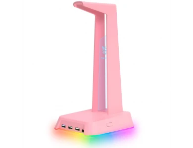 Onikuma ST-2 Headphone Stand & Hanger RGB, Base / Stand for Headset / Headphones with 3 USB Ports + 1 AUX Port, Pink