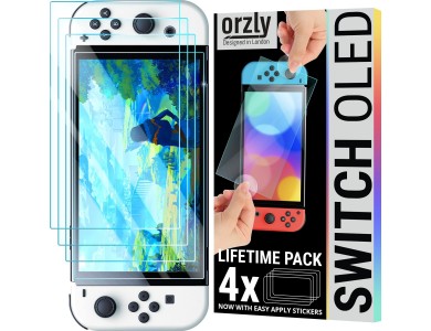 Orzly Nintendo Switch OLED Tempered Glass (0.24mm) Screen Protector - Set of 4