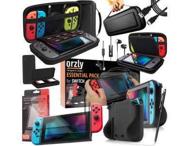 Orzly Nintendo Switch Accessories Bundle - 2x Glass Screen Protector, καλώδιο USB, Carry Case, Θήκη Card Games, Grip, Μαύρο