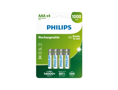 Philips AAA Επαναφορτιζόμενες Μπαταρίες 1000mAh Ni-MH Ready To Use 4 Τεμ