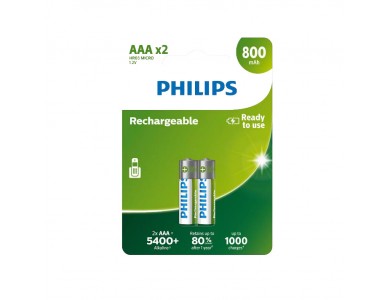 Philips AAA Rechargeable Batteries 800mAh Ni-MH Ready To Use 2 pcs