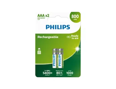 Philips AAA Επαναφορτιζόμενες Μπαταρίες 800mAh Ni-MH Ready To Use 2 Τεμ