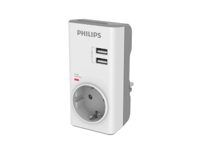 Philips CHP7010W/GRS Surge Protection Adapter, Προστατευτικό τάσης 380J, με 2 Θύρες USB-A & Ένδειξη Λειτουργίας, White