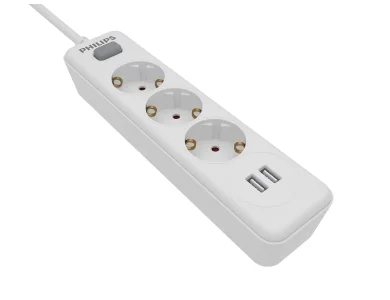 Philisp 3-outlet Power strip, 3 ports and switch & 2*USB Charging Ports, 1.5M cable, white