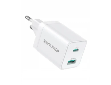 RAVPower RP-PC171PD 2-Port PD Fast Charger, Φορτιστής πρίζας 2-θυρών 45W GaN με Power Delivery & QC3.0, White