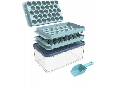 AJ 2-Pack Ice Cube Tray With Lid & Bin, 33 Trays, Set of 2pcs, with Lid,  & Scoop, Blue