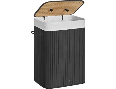 SONGMICS Bamboo Laundry Basket, 72L, with Lid and Removable Cotton Bag, Black