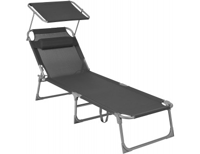 Songmics Sun Lounger, unbed, Reclining Sun Chair, with Headrest, Adjustable Backrest, Sunshade, Lightweight, Foldable Dark Grey