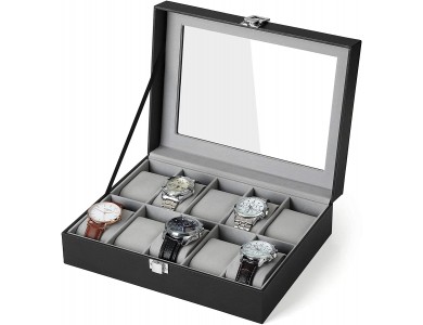 Songmics Watch Box, Θήκη Ρολογιών 10 Θέσεων με Γυάλινο Καπάκι και αφαιρούμενα Velvet Μαξιλαράκια Ρολογιών