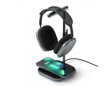 Satechi Aluminum 2-in-1 Headphone Stand, Επιτραπέζια Βάση Ακουστικών με Qi Wireless Charger Κινητού, Space Gray