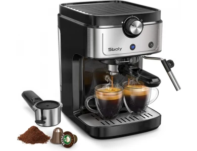 Sboly Μηχανή Espresso 1372W 19 Bar pressure, 2-in-1 for ground coffee & Nespresso capsules + Cappuccino nozzle