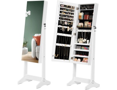 Songmics Frameless Καθρέπτης Δαπέδου Ξύλινος & Μπιζουτιέρα Κοσμημάτων, με Κλειδαριά, 41.2 x 36.5 x 152 cm Λευκός