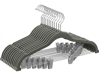 Songmics Velvet Clothes Hangers, Set of 12pcs, With Rotatable Hook & Handles for Skirts, Gray