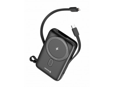 Swissten 10K Μαγνητικό Power Bank 10.000mAh Qi2 Certified 15W MagSafe iPhone & 2 Ενσωματωμένα Καλώδια USB-C & Lightning, Black