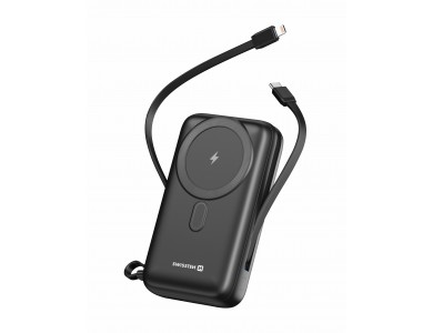 Swissten 20K Μαγνητικό Power Bank 20.000mAh Qi2 Certified 15W MagSafe iPhone & 2 Ενσωματωμένα Καλώδια USB-C & Lightning, Black