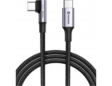 Swissten Arcade 2μ. Καλώδιο Γωνιακό 90° USB-C σε USB-C 100W, με Νάυλον Ύφανση, Black