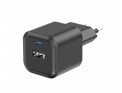 Swissten Compact Charger, Φορτιστής πρίζας 2-θυρών 12W με Type-C & USB-A, Black