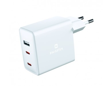 Swissten GaN Charger, Φορτιστής πρίζας 3-θυρών 70W Type-C με PD / PPS, White