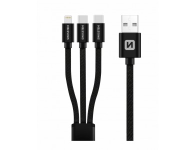 Swissten TEXTILE 3-in-1 Καλώδιο USB-A σε Lightning / Type-C * 2, 1.2m με Ναϋλον Ύφανση - Μαύρο
