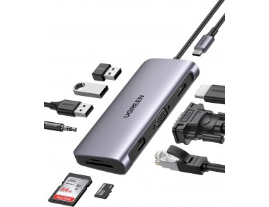 Ugreen 10-in-1 USB-C Docking Station 100W με HDMI 4K + VGA + 3*USB 3.0 + AUX + TF/SD Reader + Ethernet - 80133