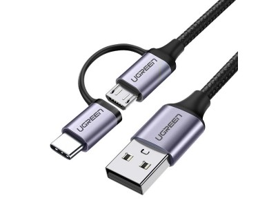 Ugreen 2-in-1 Type C/Micro USB Cable, 1m. with Nylon Braiding, Black