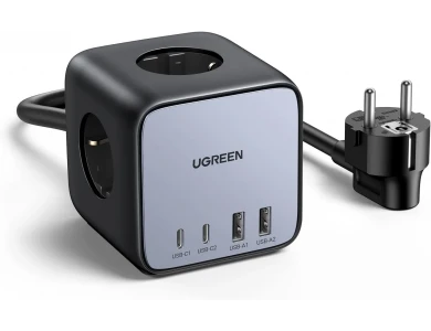 Ugreen DigiNest Cube 3-outlet Power Strip, Power Strip with 2 Type-C Ports 65W PD / PPS & 2 USB FCB / QC3.0 Ports, Black