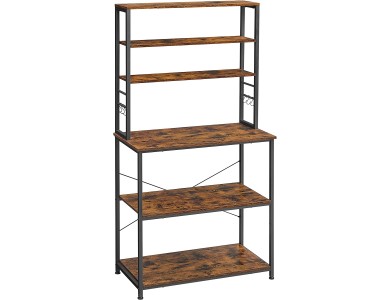 VASAGLE Baker’s Rack, Standing Shelf 6 Shelves and 6 Hooks, Rustic Wood, Black