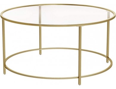 VASAGLE Round Coffee Table, Στρογγυλό Τραπεζάκι Σαλονιού Γυάλινο 84 x 45.5cm, Gold
