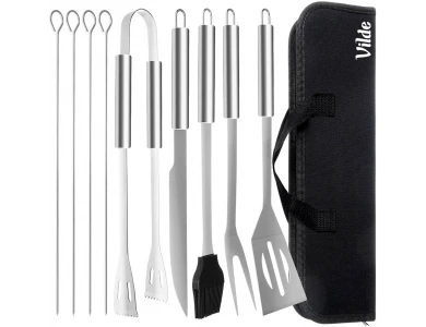 Vilde BBQ Accessories, Set of 10 Stainless Steel BBQ Tools with Case