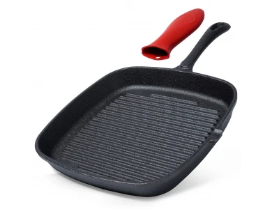 Vilde Premium Cast Iron Grill Pan 24cm, Γκριλιέρα / Σχαροτήγανο από Μαντέμι με έξτρα Προστατευτική Λαβή από Σιλικόνη