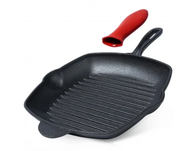 Vilde Premium Cast Iron Grill Pan 28cm, Γκριλιέρα / Σχαροτήγανο από Μαντέμι με έξτρα Προστατευτική Λαβή από Σιλικόνη