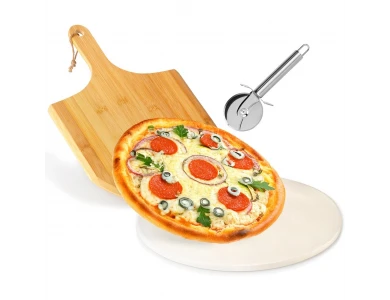 Vilde Premium Pizza Stone Set 33cm, Σετ Πίτσας με Κεραμική Πέτρα Ψησίματος, Πλατό Σερβιρίσματος από Ακακία & Ρόδα κοπής
