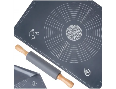 Vilde Silicone Baking Mat with Rolling Pin, Σετ Επιφάνειας για Ζύμωμα από Σιλικόνη 65 x 45cm & Ρολό Ζυμώματος με Ξύλινες Λαβές