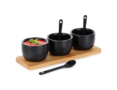 Vilde Snack Bowls with Spoons Ceramic, Κεραμεικές Ορντεβιέρες σετ των 3 με κουτάλια & Βάση από Μπαμπού, Μαύρες